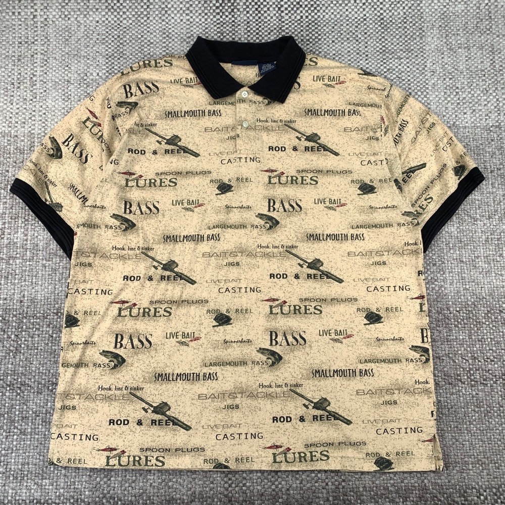 Puritan Polo Shirt Mens XL Stone Fishing All Over Print AOP Bass Lures Fishing